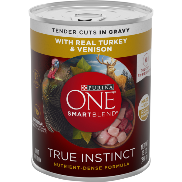 Water, Seltzer, Sparkling Water Purina ONE Natural, High Protein Gravy Wet Dog Food, SmartBlend True Instinct Real Turkey & Venison hero