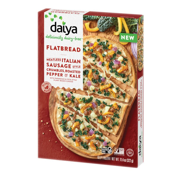 Frozen Pizza Daiya Meatless Italian Sausage Style Crumbles, Roasted Pepper & Kale Flatbread Pizza hero