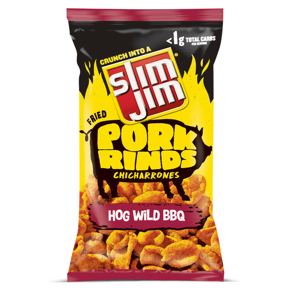 Slim Jim Pork Rinds, Hog Wild BBQ Flavor Fried Meat Snacks hero