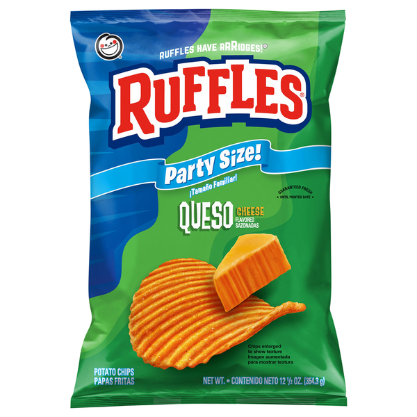 Chips & Pretzels Ruffles Potato Chips, Queso Cheese Flavored, Party Size! hero