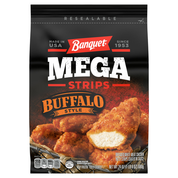 Frozen Meat & Seafood Banquet Mega Strips Buffalo Style hero