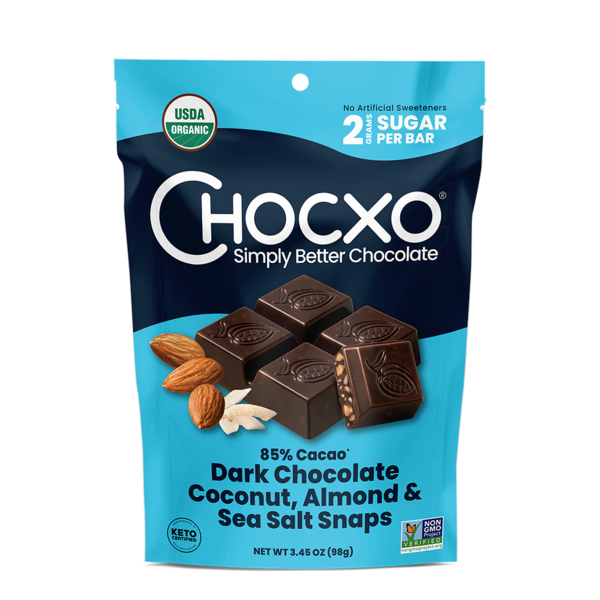 Nuts, Seeds & Dried Fruit ChocXO Organic Dark Chocolate Coconut, Almonds & Sea Salt Snaps hero