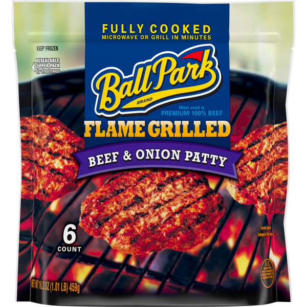 Packaged Meat Ball Park Fully-Cooked Flame Grilled Beef & Onion Patties, Frozen hero