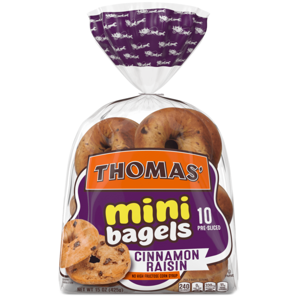 Conventional Breads (Grocery) Thomas’ 10 count, Cinnamon Raisin Pre-sliced Mini Bagels hero