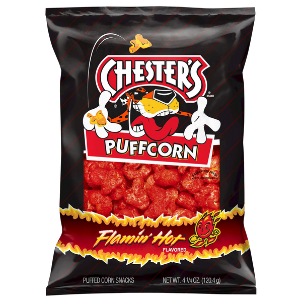 Chips & Pretzels Chester's Puffcorn, Flamin' Hot Flavored hero