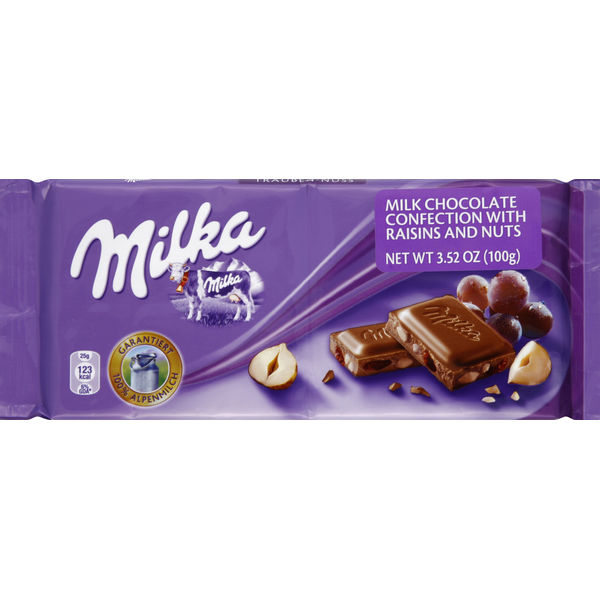 Candy & Chocolate Milka Milk Chocolate Confection, with Raisins and Nuts hero