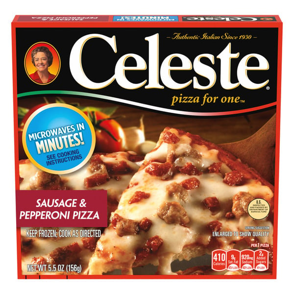 Frozen Foods Celeste Sausage and Pepperoni Pizza for One, Individual Microwavable Frozen Pizza hero