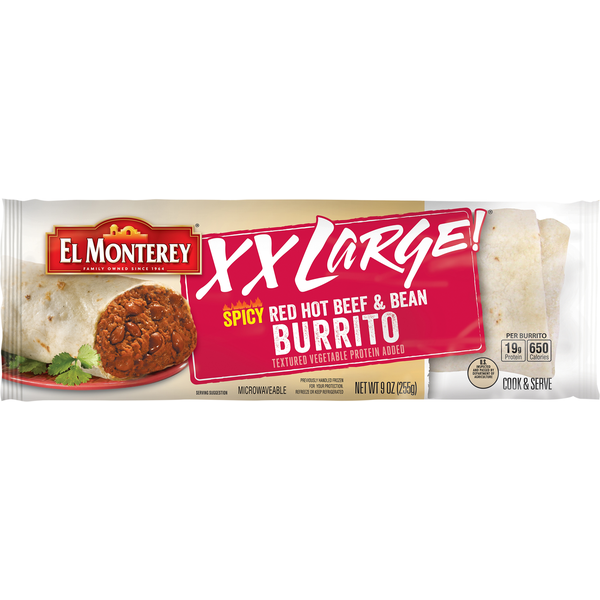 Frozen Meals El Monterey XX Large Spicy Red Hot Beef & Bean Burrito hero