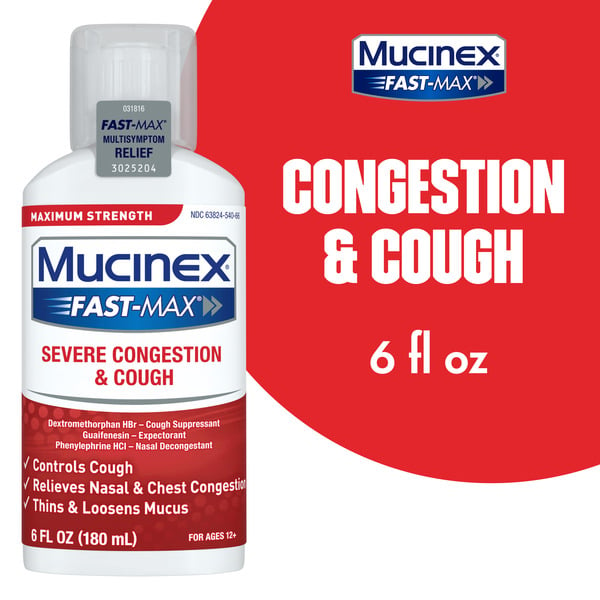 Cold, Flu & Allergy Mucinex Congestion and Cough Liquid, Fast-Max Severe Congestion and Cough Liquid, Maximum Strength Formula hero