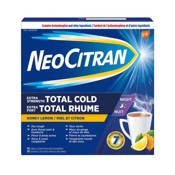 Cough, Cold & Flu NeoCitran Extra Strength Total Cold Night Hot Liquid Medication, Honey Lemon, 10 Pack hero