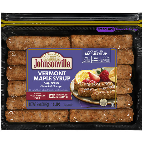 Hot Dogs, Bacon & Sausage Johnsonville Fully Cooked Breakfast Sausage Vermont Maple Syrup hero