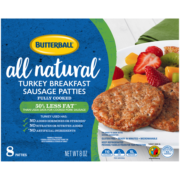 Bacon & Breakfast Meat Butterball Natural Inspirations Fully Cooked Turkey Breakfast Sausage Patties hero