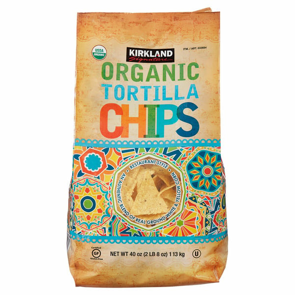 Chips & Pretzels Kirkland Signature Organic White & Yellow Corn Tortilla Chips, 40 oz hero