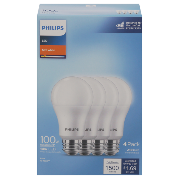 More Household Philips Light Bulbs, LED, Soft White, 14 Watts, 4 Pack hero