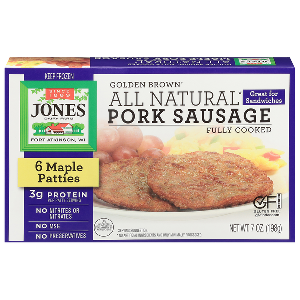 Frozen Meat & Seafood Jones Dairy Farm Pork Sausage Patties, Maple, Golden Brown hero