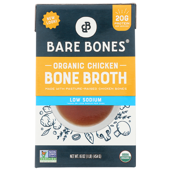 Bare Bones Chicken Bone Broth, Low Sodium, Organic hero