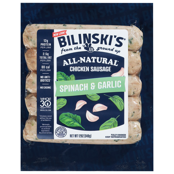 Hot Dogs, Bacon & Sausage Bilinski's Spinach & Garlic Chicken Sausage hero