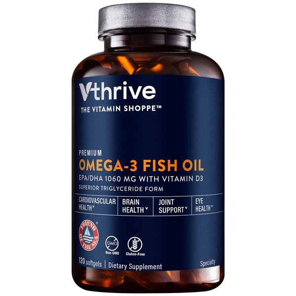 Fish Oil & Omegas The Vitamin Shoppe Vthrive Premium Omega-3 Fish Oil with Vitamin D3 - 1,060 EPA/DHA (120 Softgels) hero