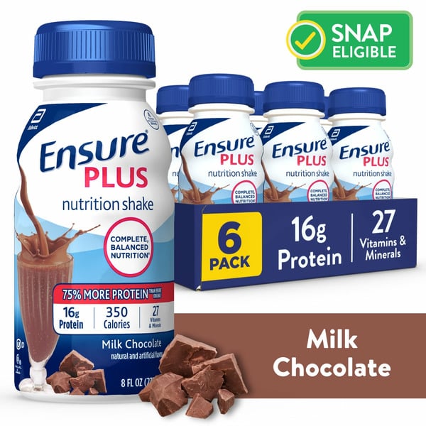 Protein & Meal Replacements Ensure Plus Nutrition Shake Milk Chocolate Ready-to-Drink Bottles hero