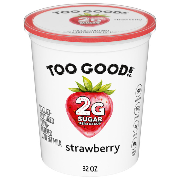 Yogurt Too Good & Co. Strawberry Flavored Low Fat Greek Yogurt Cultured Product Tub hero