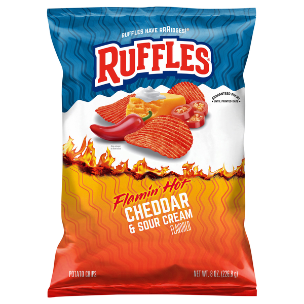 Chips & Pretzels Ruffles Potato Chips, Flamin' Hot Cheddar & Sour Cream Flavored hero