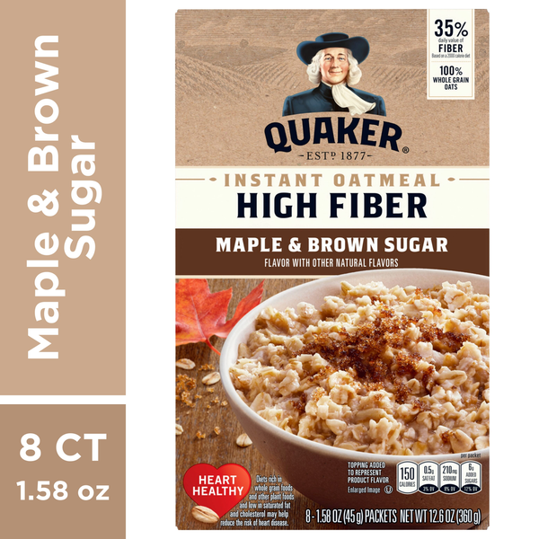 Hot Cereal & Pancake Mixes Quaker Oatmeal, Maple & Brown Sugar, High Fiber, Instant hero