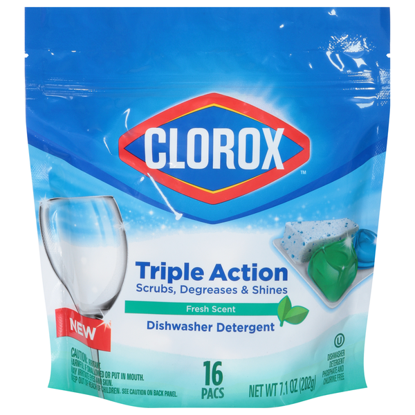 Dish Detergents Clorox Dishwasher Detergent, Fresh Scent, Triple Action, Pacs hero