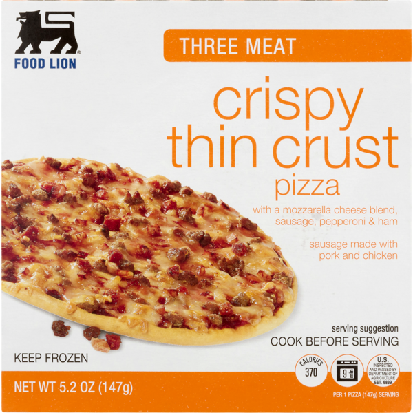 Frozen Pizza Food Lion Pizza, Thin Crust, Crispy, Three Meat, Box hero