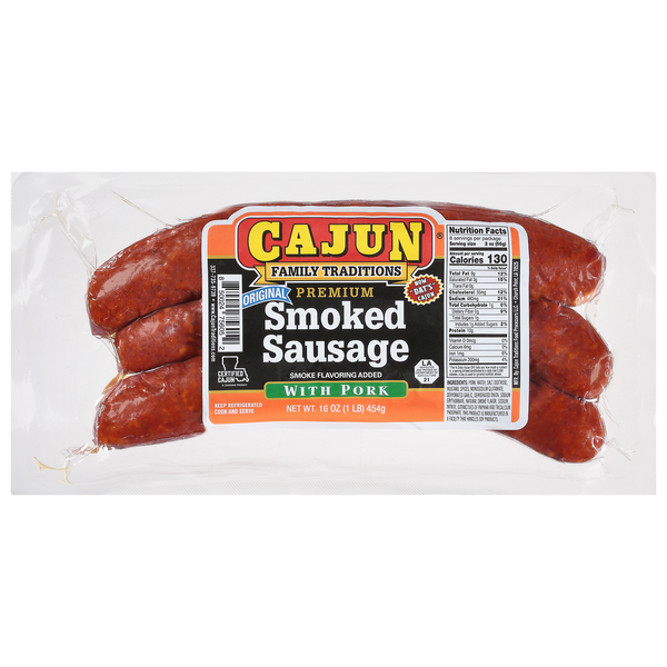 Hot Dogs, Bacon & Sausage Cajun Sausage, Premium, Original, Smoked hero