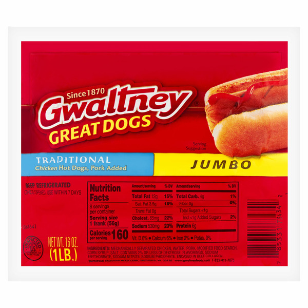 Hot Dogs, Bacon & Sausage Gwaltney Jumbo Traditional Chicken Hot Dogs hero