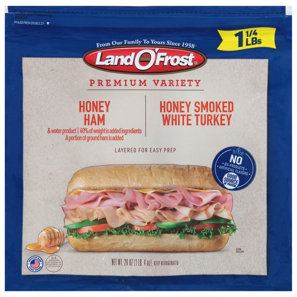 Lunch Meat Land O’Frost Sub Sandwich Kit, Honey Ham & Turkey, Vacuum Packed hero