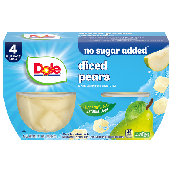 Fruit & Vegetable Snacks Dole Pears, in Water Sweetened with Stevia Extract, Diced hero