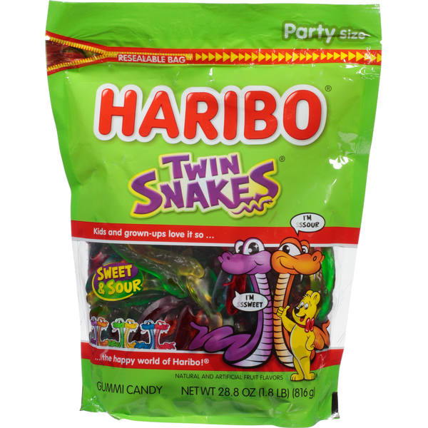 Candy & Chocolate HARIBO Gummi Candy, Sweet & Sour, Twin Snakes, Party Size hero