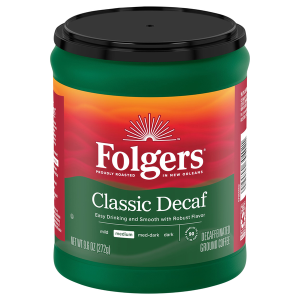 Coffee Grounds and Whole Beans Folgers Coffee, Ground, Medium, Classic Decaf, Decaffeinated hero