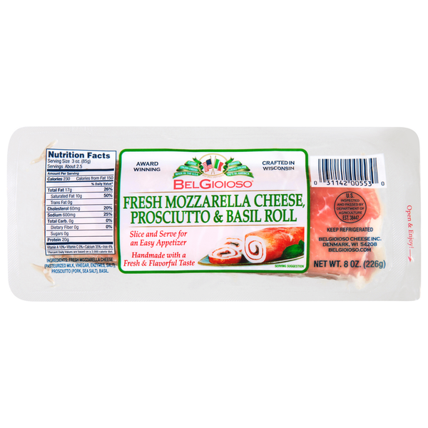 Packaged Cheese BelGioioso Fresh Mozzarella Prosciutto & Basil Roll hero