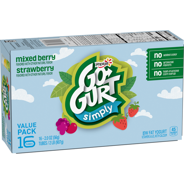 Yogurt Simply Go-Gurt Strawberry and Mixed Berry Kids Low Fat Yogurt Tubes hero