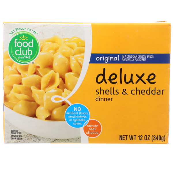 Instant Foods Food Club Original In A Cheddar Cheese Sauce Deluxe Shells & Cheddar Dinner hero