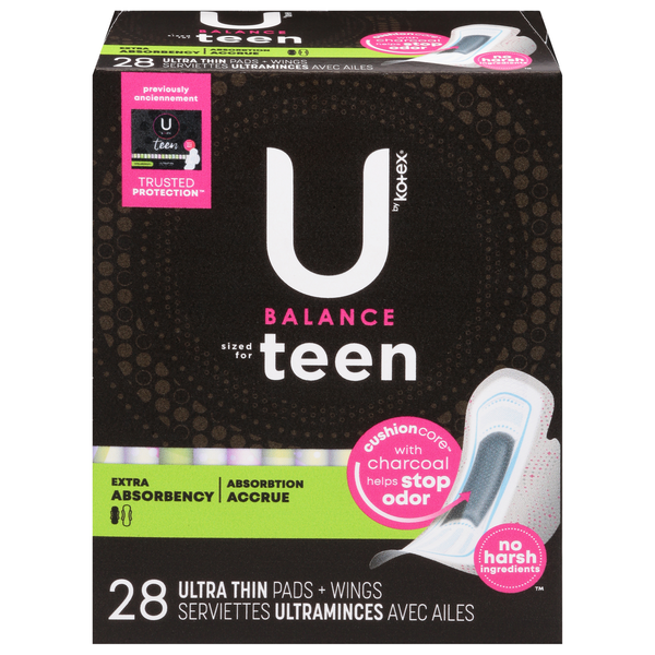 Feminine Care U by Kotex Balance Sized for Teens Ultra Thin Pads with Wings, Heavy Absorbency hero