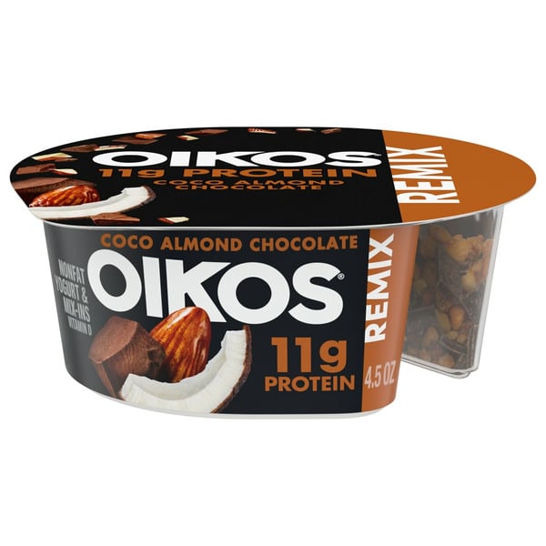 Oikos Coco Almond Chocolate 11g Protein, Coconut Nonfat Greek Yogurt with Almonds and hero