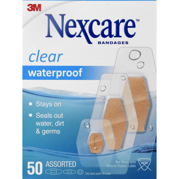 First Aid Nexcare Bandages, Clear, Waterproof, Assorted hero