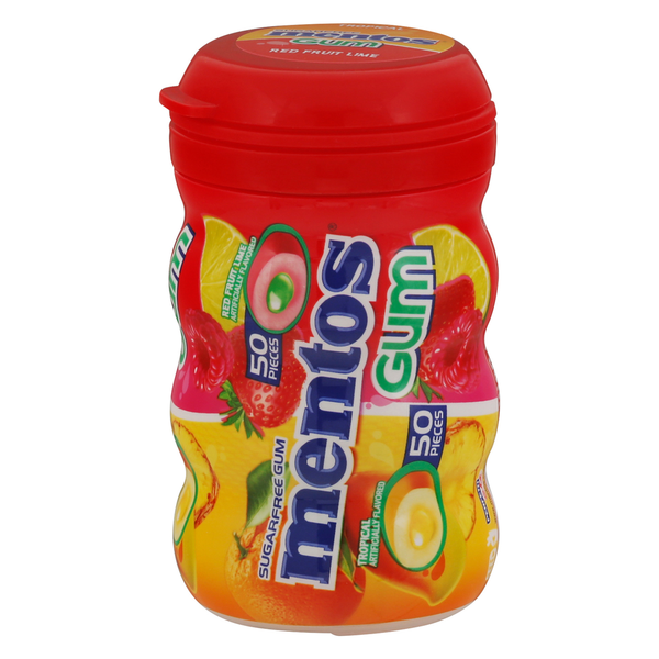 Mint & Gum Mentos Gum, Sugar Free, Red Fruit Lime, Tropical hero