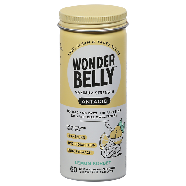 Wonderbelly Antacid, Maximum Strength, 1000 mg, Chewable Tablets, Lemon Sorbet hero