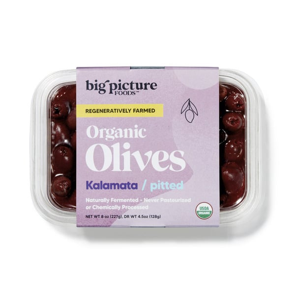 Specialty Cheese Big Picture Foods Organic Kalamata Olives, Pitted, Refrigerated Fresh hero