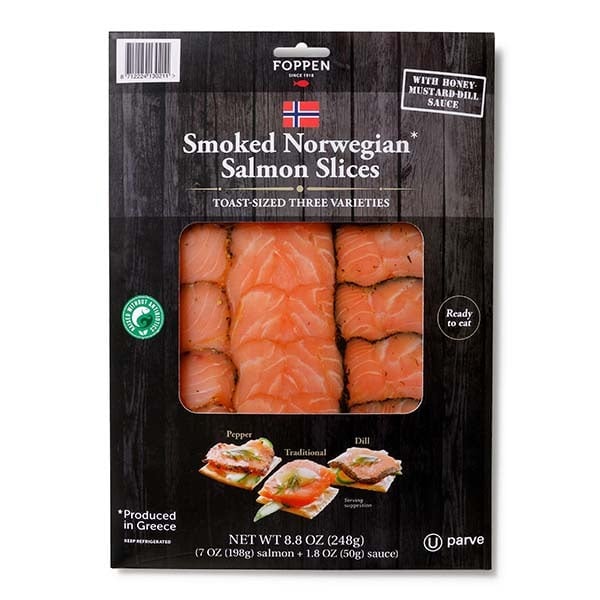 Prepared Meals Foppen Salmon, Norwegian, Smoked, Toast-Sized Three Varieties, Slices hero