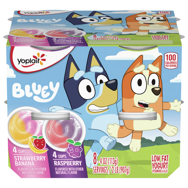 Yogurt Yoplait Yogurt, Low Fat, Strawberry Banana/Raspberry, Bluey hero