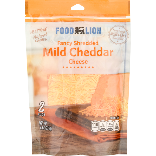 Packaged Cheese Food Lion Fancy Shredded Mild Cheddar Cheese hero