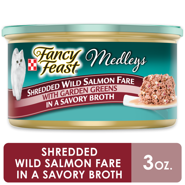 Wet Cat Food Purina Fancy Feast Broth Wet Cat Food, Medleys Shredded Wild Salmon Fare With Greens hero