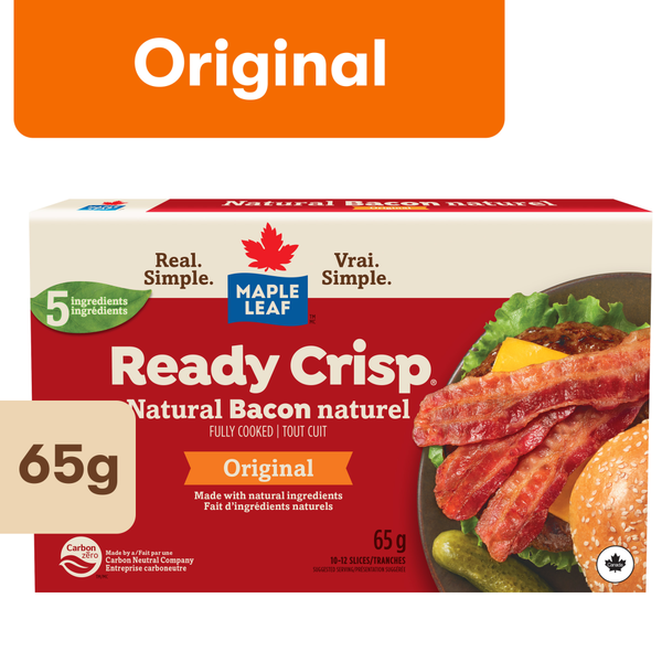 Hot Dogs, Bacon & Sausage Maple Leaf Ready Crisp Fully Cooked Natural Bacon Slices hero