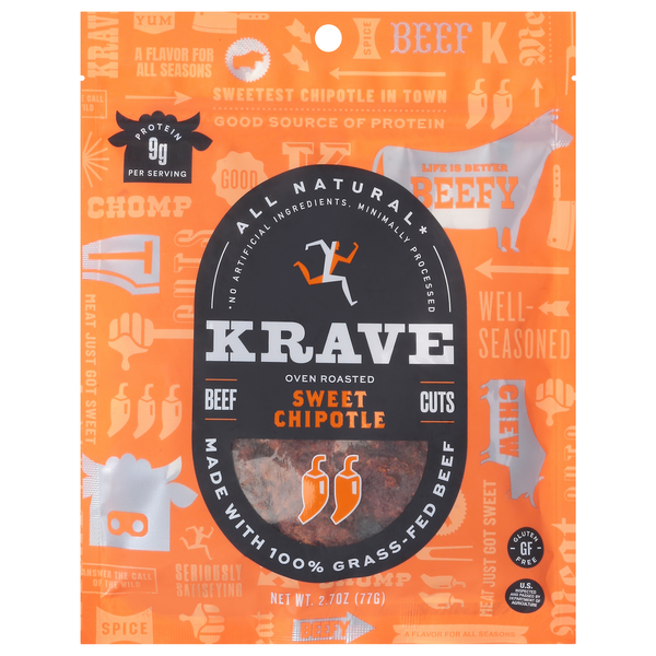 Jerky and Dried Meats KRAVE Beef Cuts, Sweet Chipotle, Oven Roasted hero