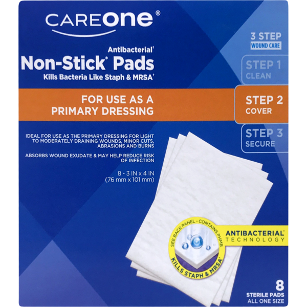 First Aid CareOne Antibacterial Non-Stick Pads 3-Inch X 4-Inch hero